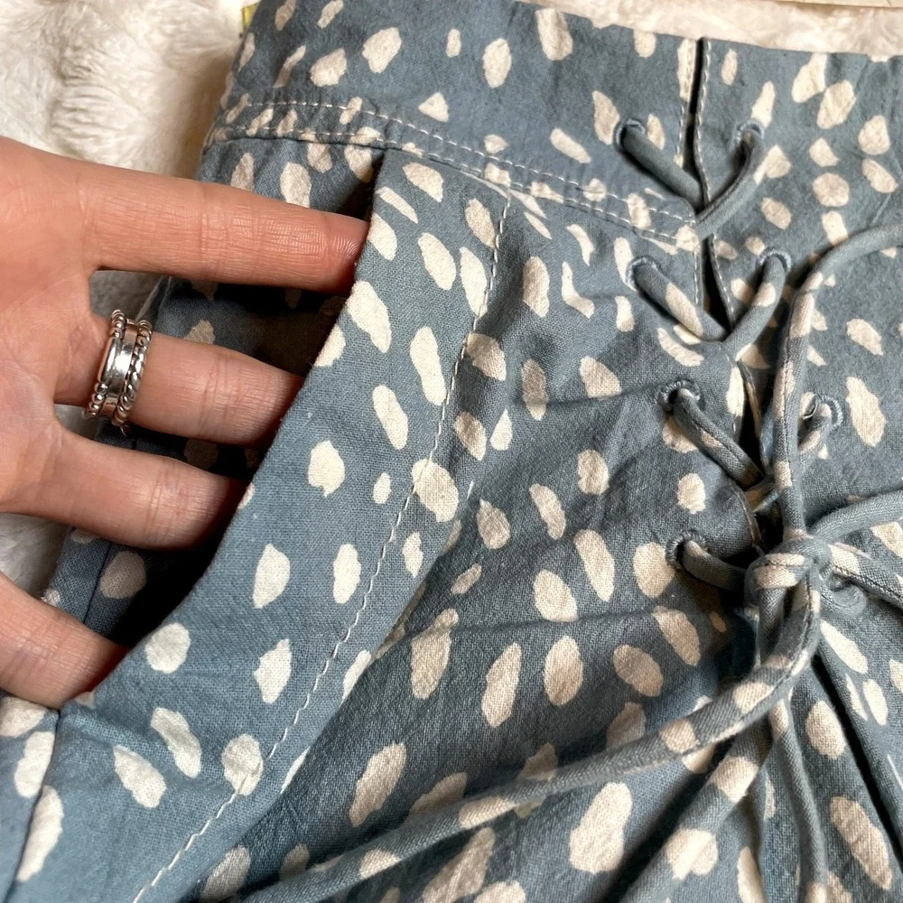 Free People‎ Bennett Blue White Spotted Lace Up High Waisted Cotton Shorts